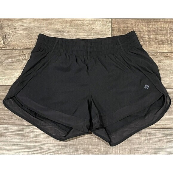 Athleta Mesh Racer Run Short 4" Womens XS Black Zip Pocket Elastic Waist Logo - Picture 2 of 8
